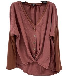 GIGIO Top Womens Large L rustic red button front tie front long sleeve v-neck
